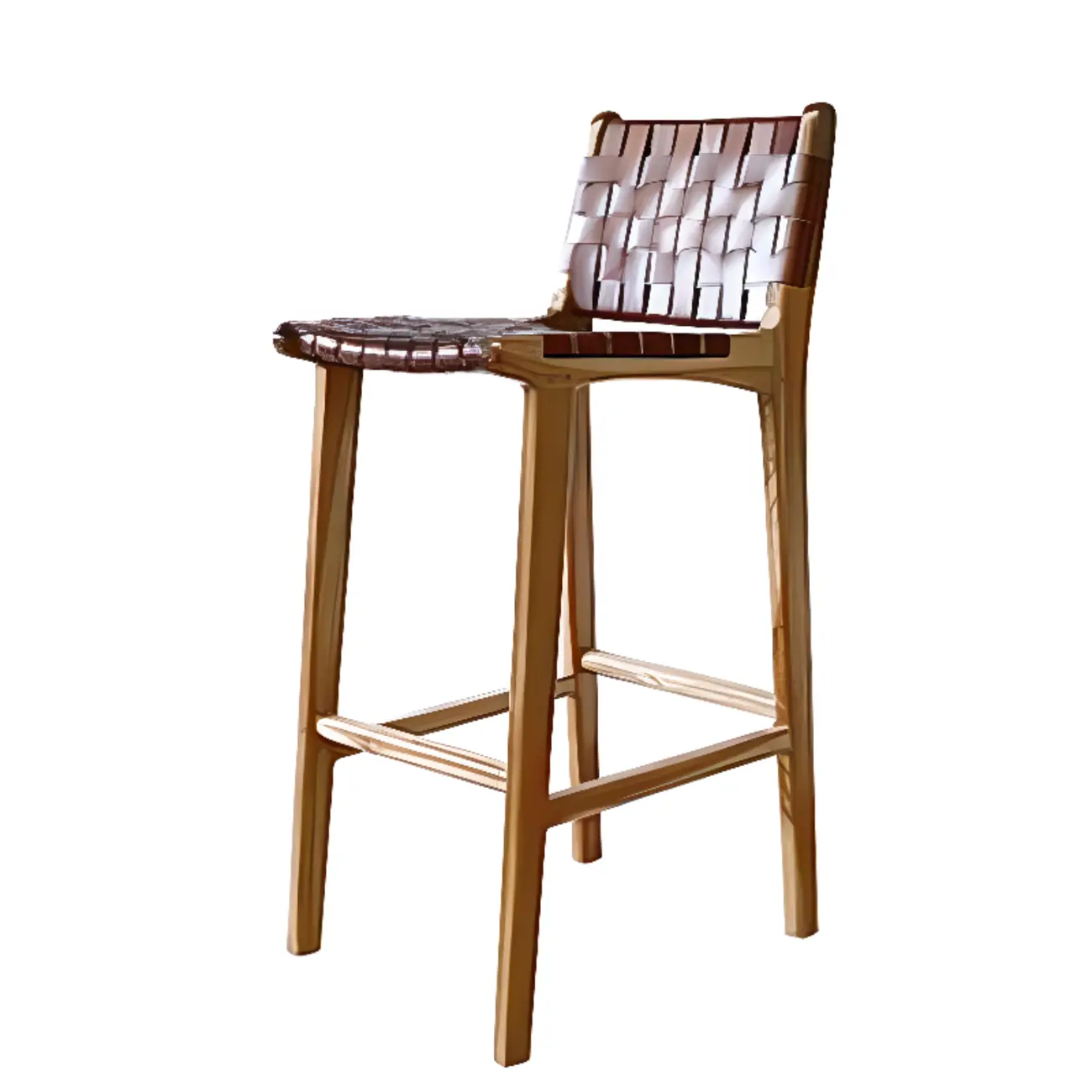 Rustic Faux Leather Wooden Woven Bar Stool