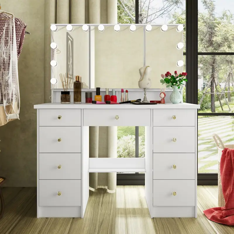 9-Drawer Vanity Table with LED Mirror and 3 Adjustable Mirrors