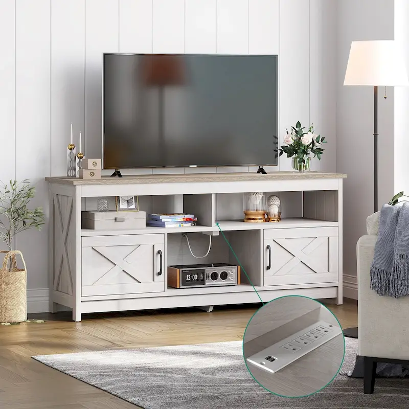 Brown Farmhouse TV Stand with X-Door, Power Outlet & Open Shelves, Single