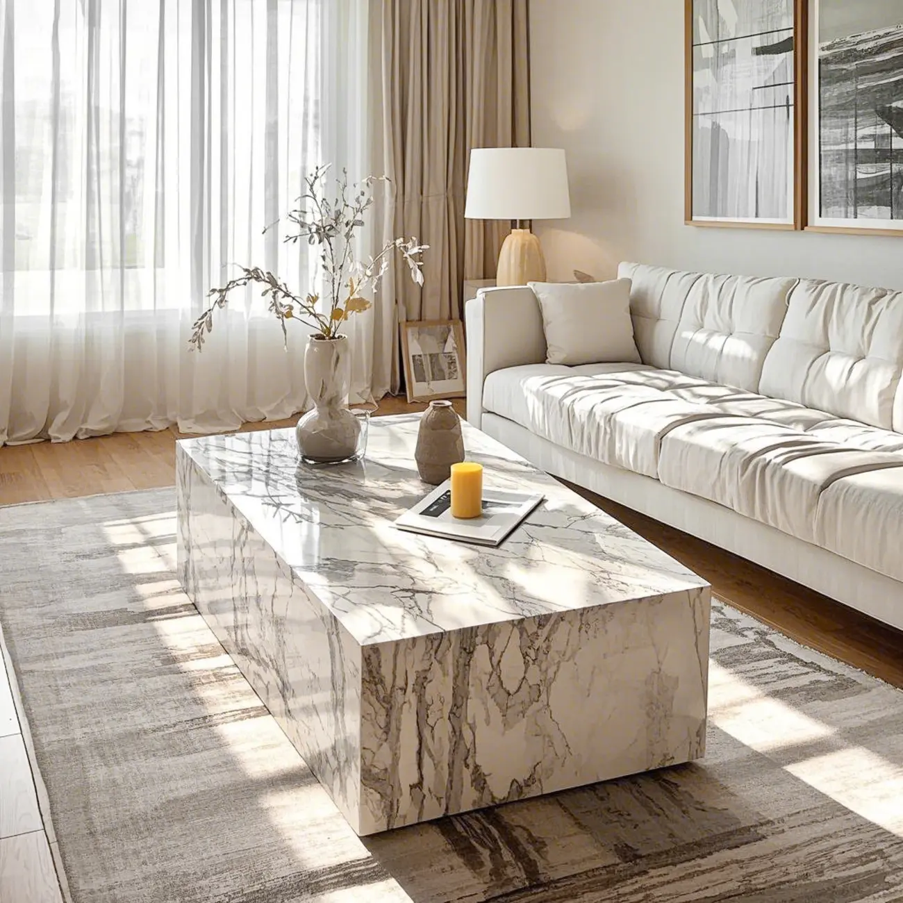 Modern Faux Marble Ivory Rectangular Coffee Table