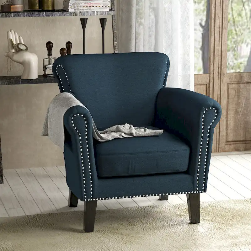 Navy Blue Upholstered Club Chair with Nailhead Trim – Single Seat