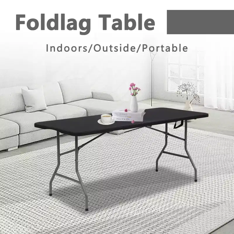 Folding Table 6 Foot Portable HDPE Plastic Indoor Outdoor Rectangular Table with Steel Legs Black