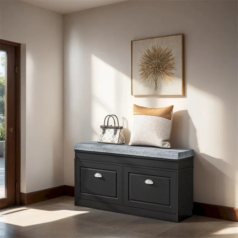 Black Shoe Bench with 2 Flip-Door Drawers & Cushion Seat