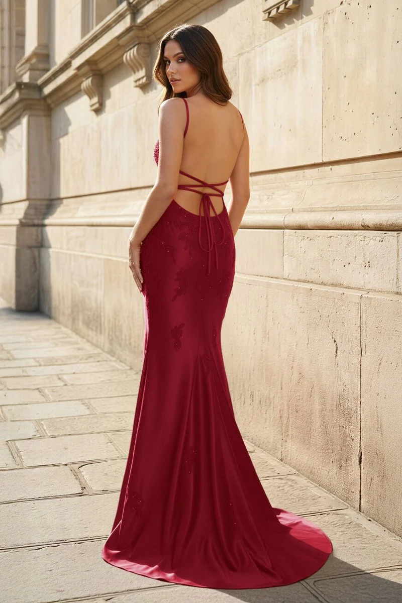 Red V Neck Mermaid Satin Beaded Long Prom Dresses With Appliques