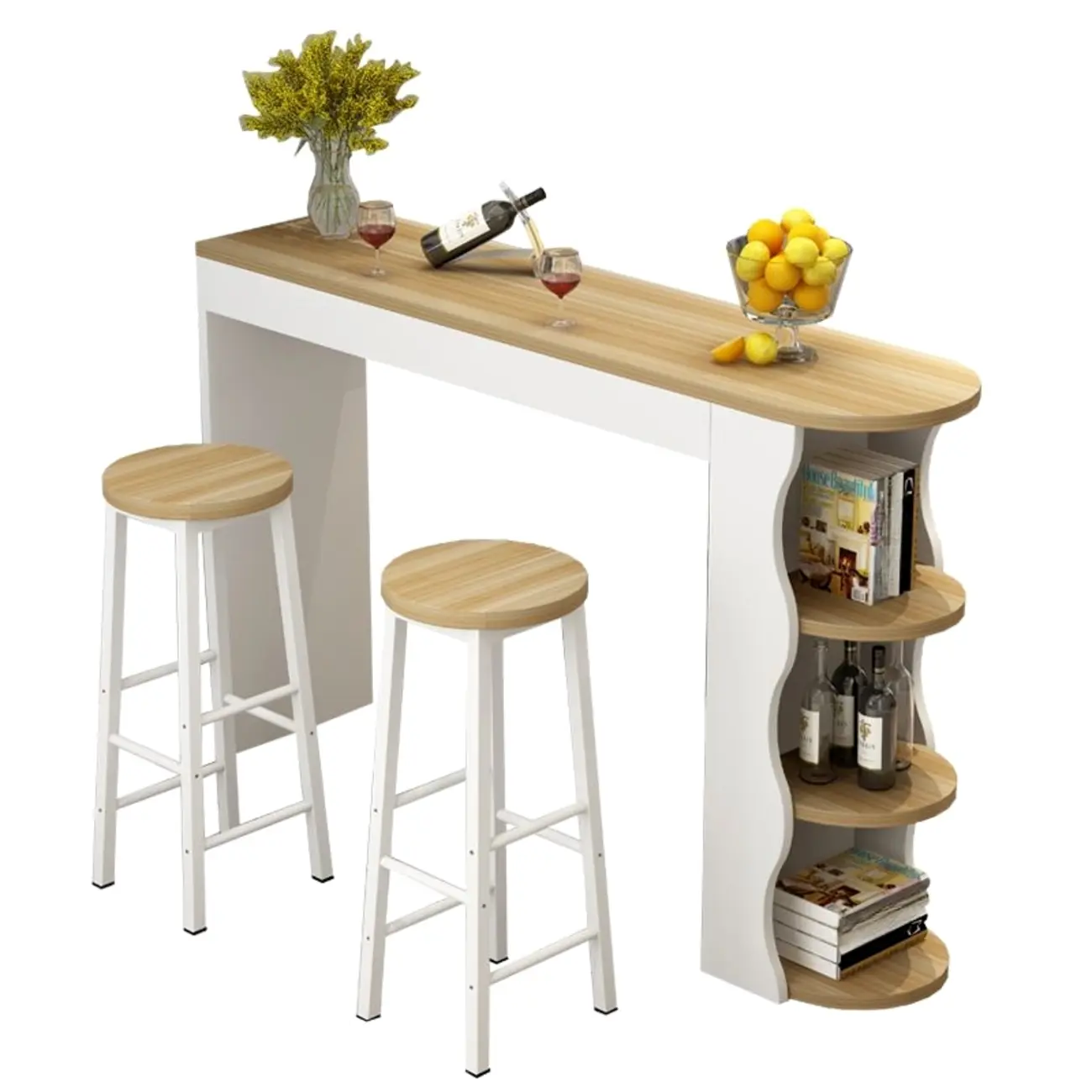 Modern Black-White Wooden Asymmetrical Shelves Bar Tables