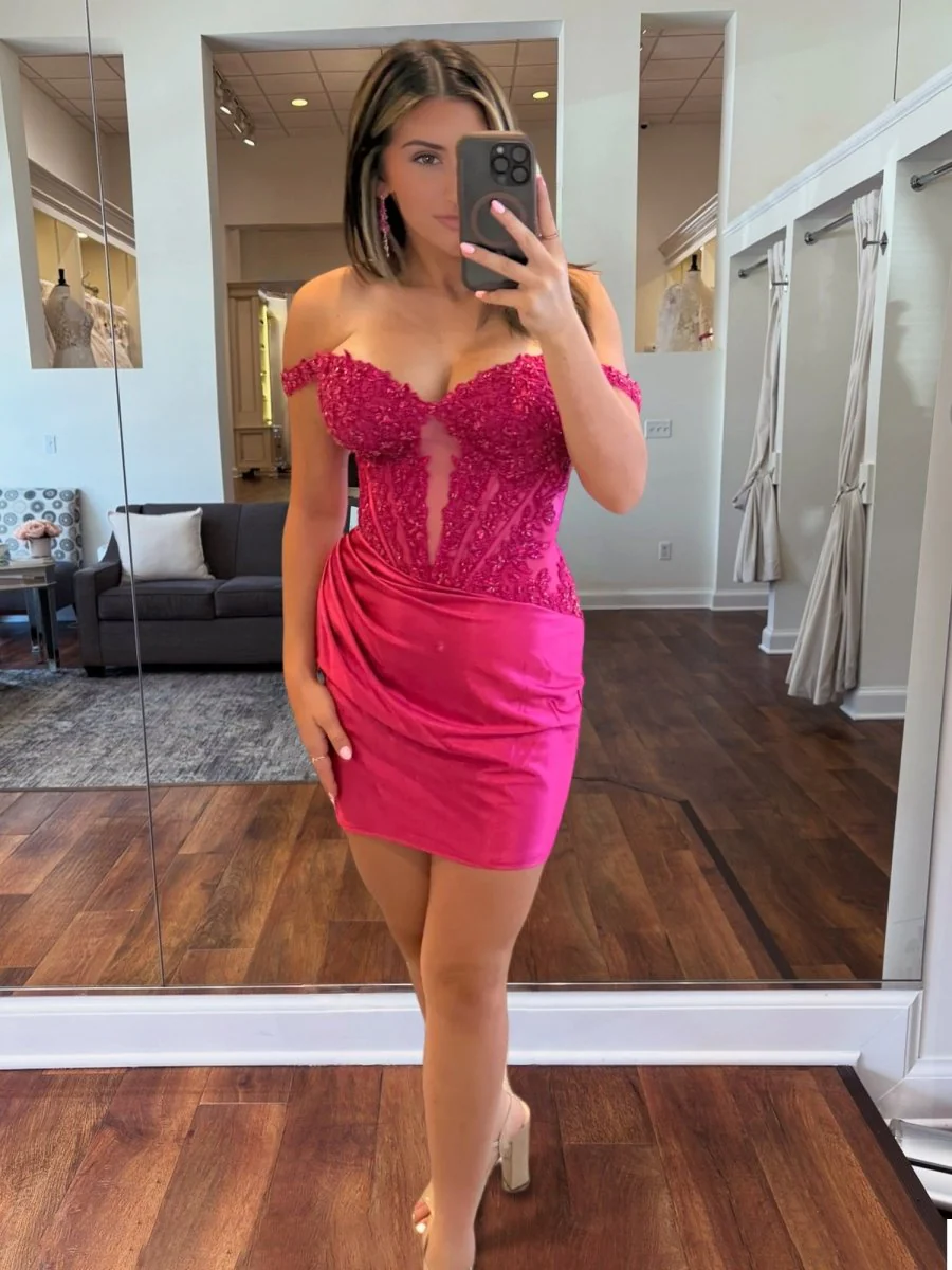 Fuchsia - Off The Shoulder Bodycon Satin Pleated Homecoming Dresses With Appliques