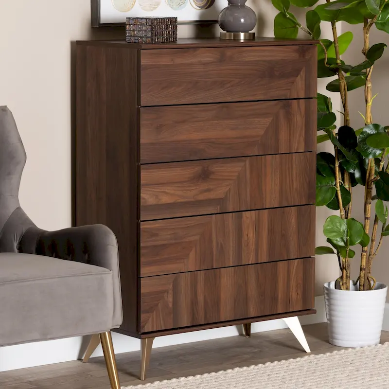 Walnut Brown 5-Drawer Storage Chest, Mid-Century Modern, Wood Grain