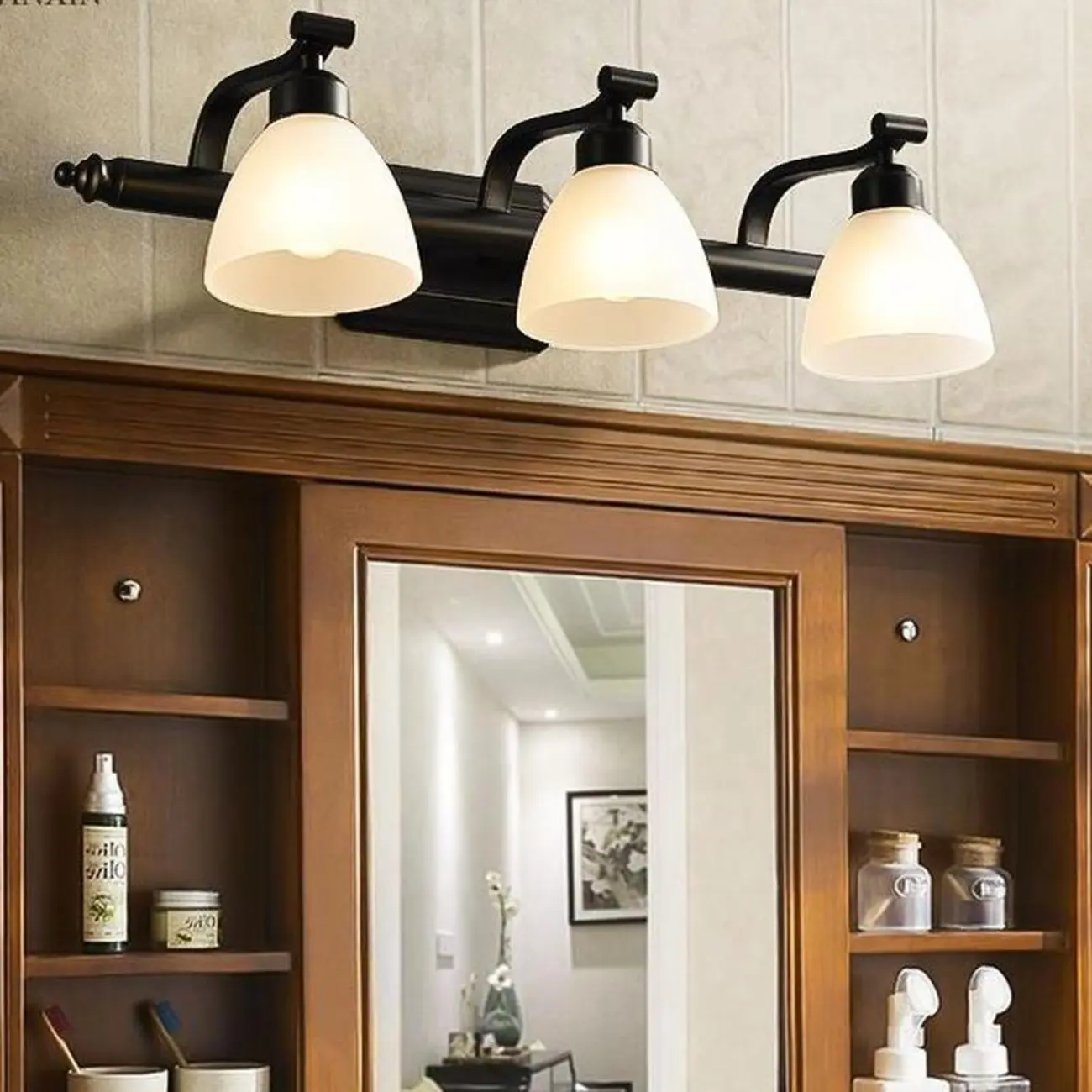 Modern Metal Bathroom Vanity Light with Frosted Glass