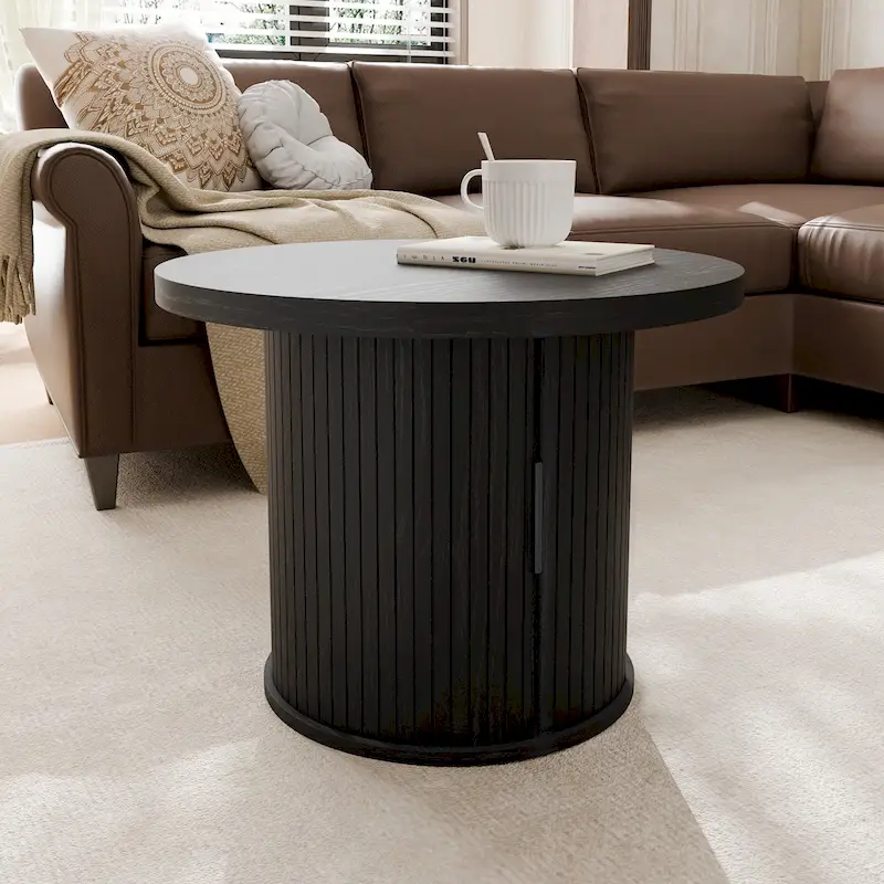 Black / Brown Tambour Door Round Coffee Table with Hidden Storage – Single or Set of 2