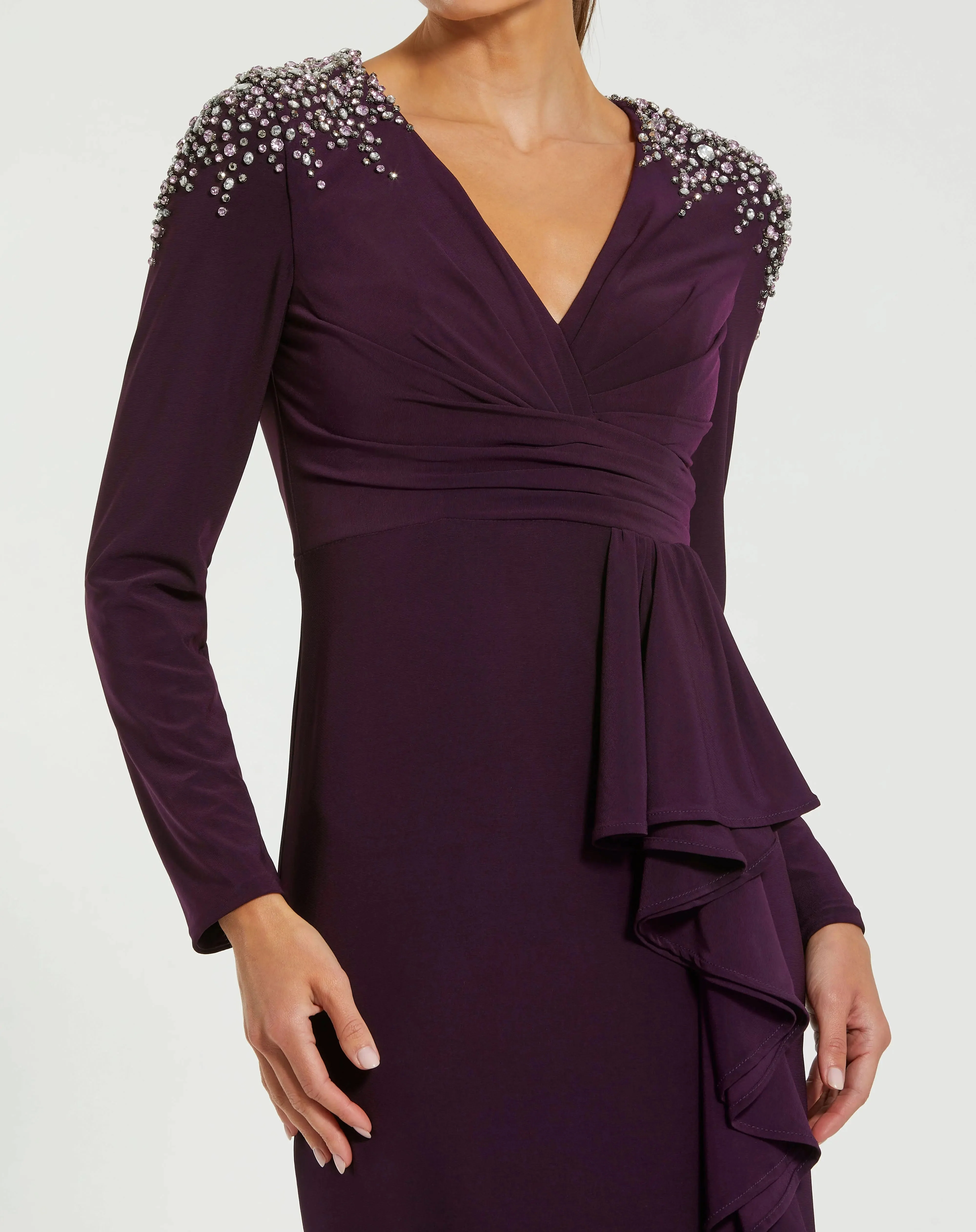 Purple Long Sleeve Gown with Cascading Ruffle & Rhinestone Shoulders