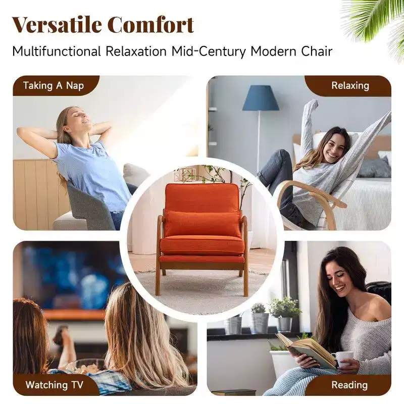 Karl Home 2Pcs Mid Century Solid Wood Accent Chair Upholstered Armchair with an Extra Pillow