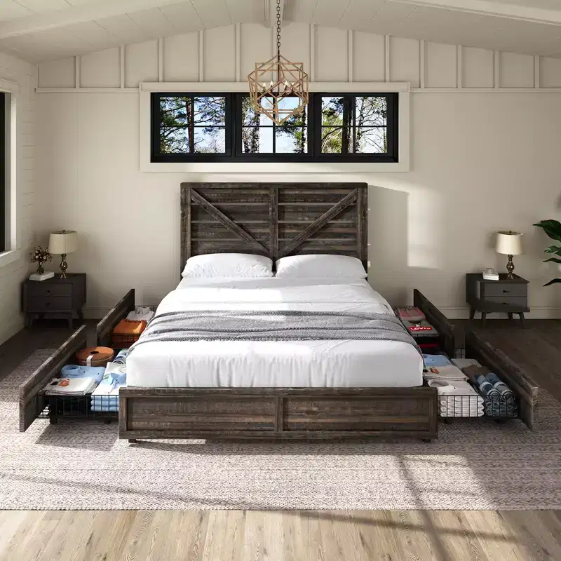 AMERLIFE Farmhouse Bed Frame with 4 Drawers and Headboard