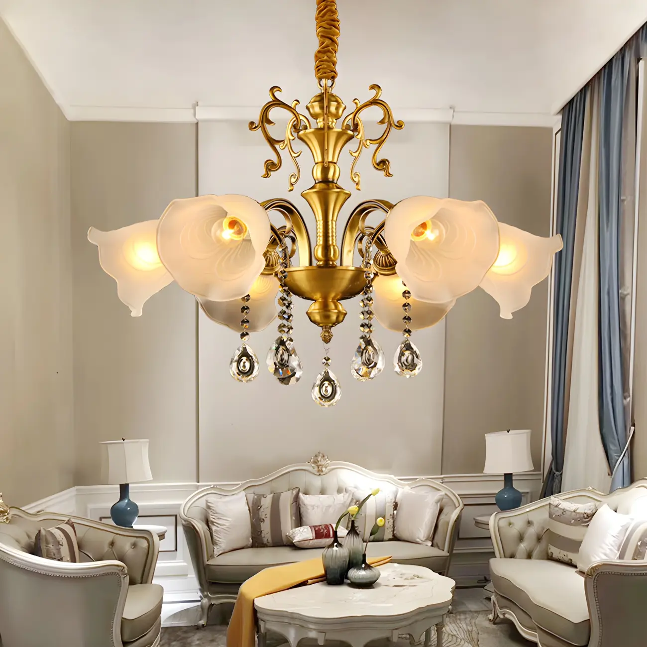 Gold Crystal Pendant Frosted Flower Glass Chandelier