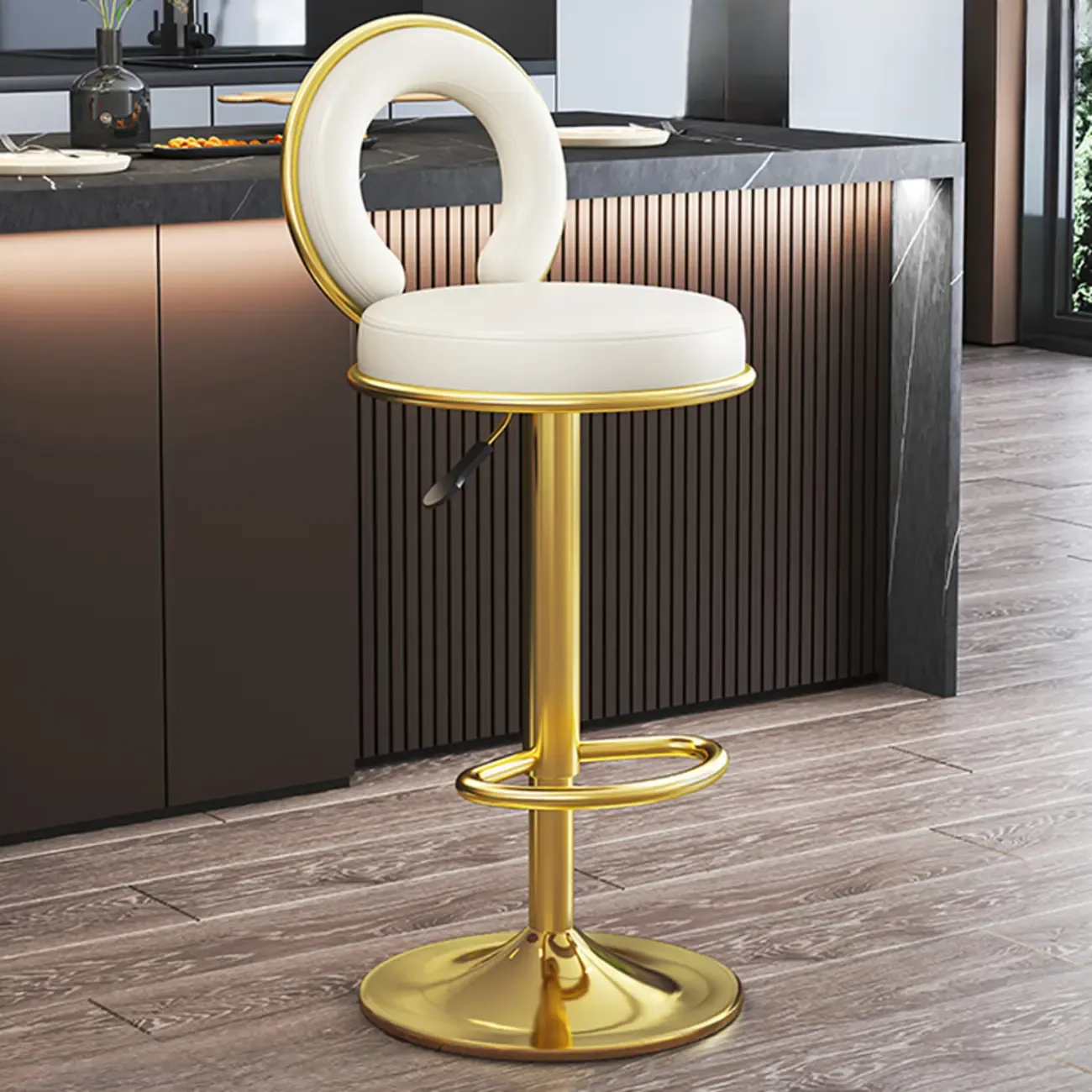 Glam Round Adjustable Leather Swivel Bar Stool with Back