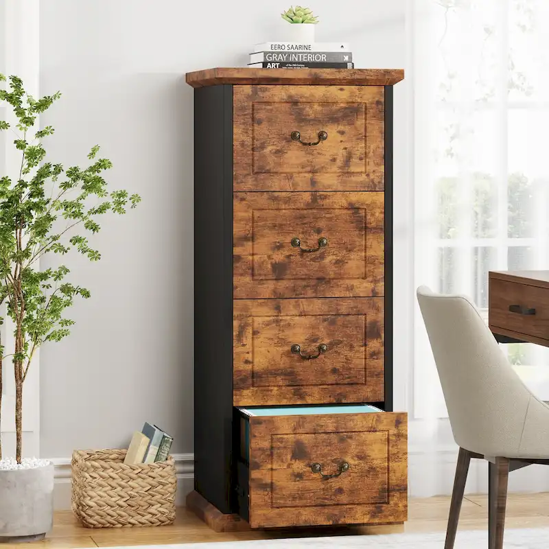Grey/Black Brown/Walnut 4-Drawer Wood Vertical File Cabinet, Single-User