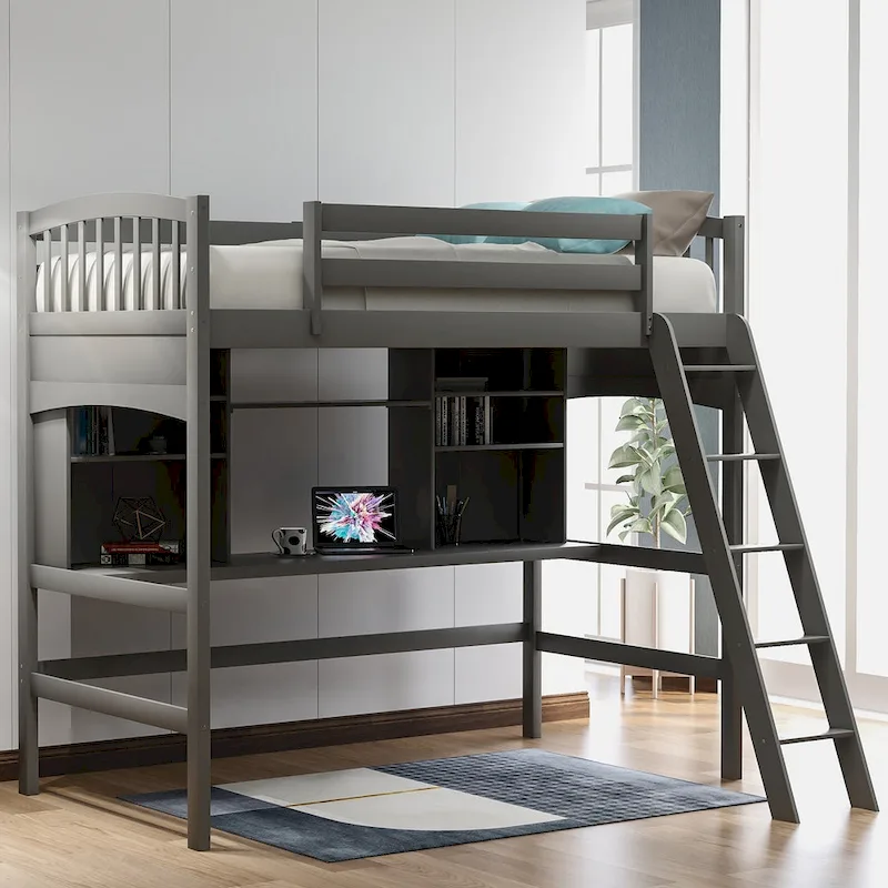 Twin Loft Bed with Desk & Shelves — Espresso / Grey / White, 1-Person