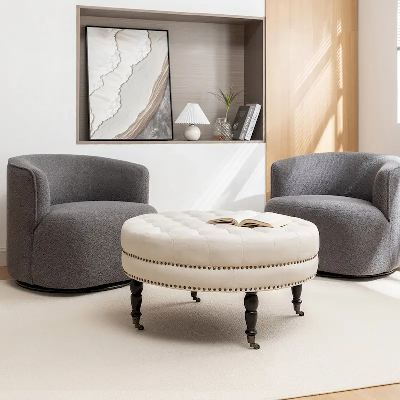 Round Fabric Cocktail Ottoman with Metal Frame – 34.65 in, 265 lbs Capacity, Beige/Dark Grey