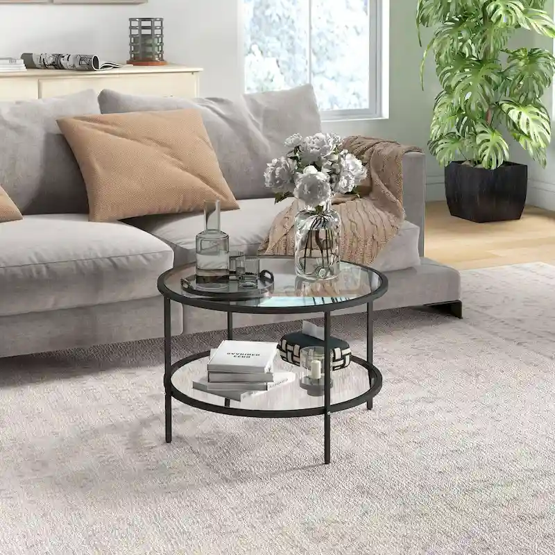 HOMCOM Side Table with Storage, 26   Round End Table, 2-Tier Tempered Glass Coffee Table with Steel Frame for Living Room