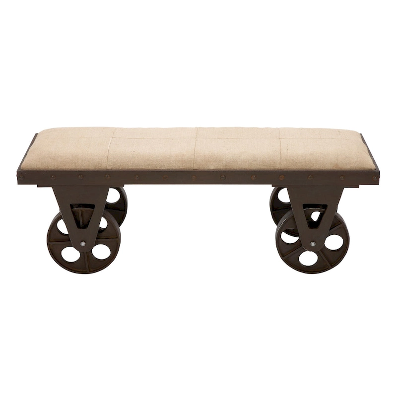 Linen Fabric Vintage Industrial Inspired Home Bench with Wheels and Linen Upholstered Seat - Brown - Roche River Decor