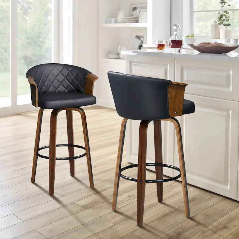 Black/Brown Faux Leather Swivel Counter Stool, Mid-Century Style, Set of 2