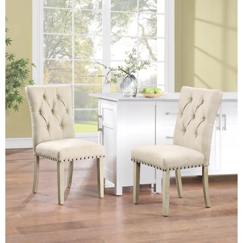Button Tufted Dining Chair, Burlap / Indigo / Charcoal, Set of 2