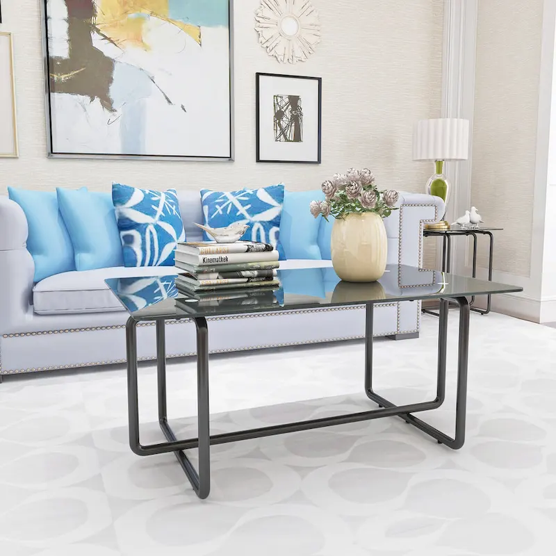Modern Tempered Glass and Black Metal Coffee Table - 23.62 x 39.37 x 17.71