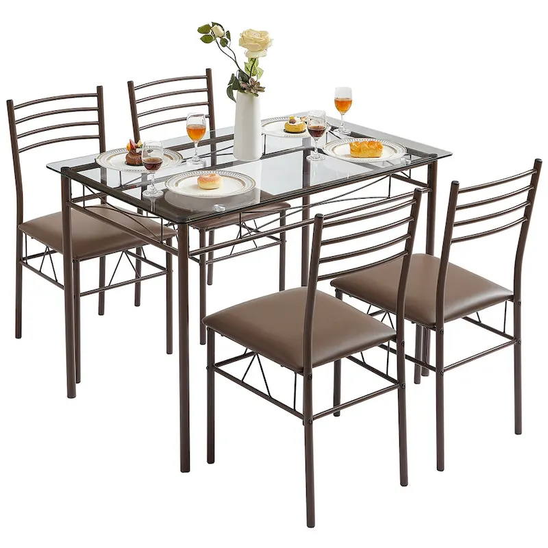 5-pieces Modern Dining Sets,Tempered Glass Table Top and 4 PU Chairs