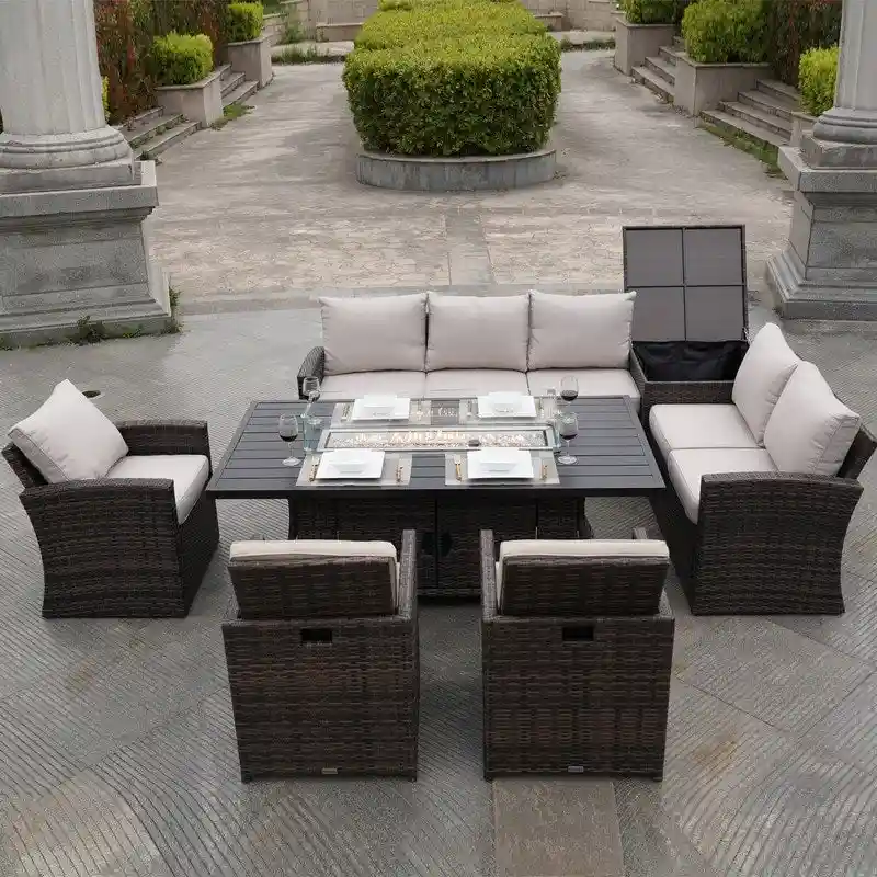 Patio Rattan Sofa Set with Alum Dining Table and Chairs
