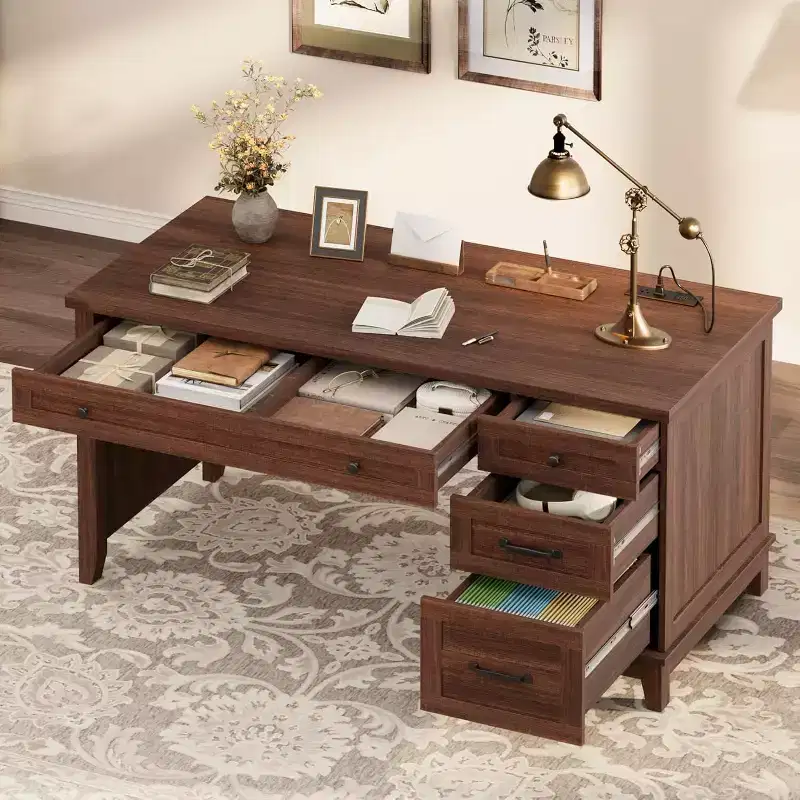 Executive Desk, Home Office Desk with Drawers, Wooden Work Desk with File Cabinet, Computer Desk for Work, Study, Writing, White and Brown
