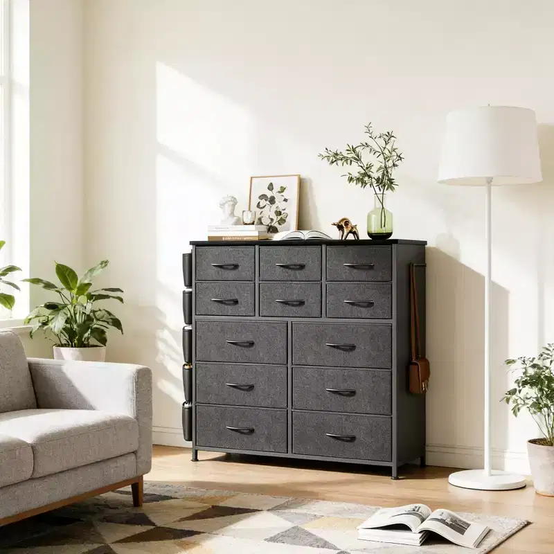 12-Drawer Fabric Dresser with Bins, Tall Wood Top Storage Tower for Bedroom Hallway Entryway