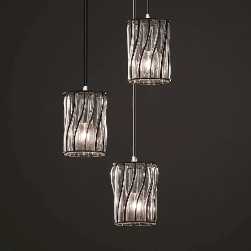 Justice Design Wire Glass Polished Chrome Cluster Pendant, Cylinder Swirl Clear Bubbles