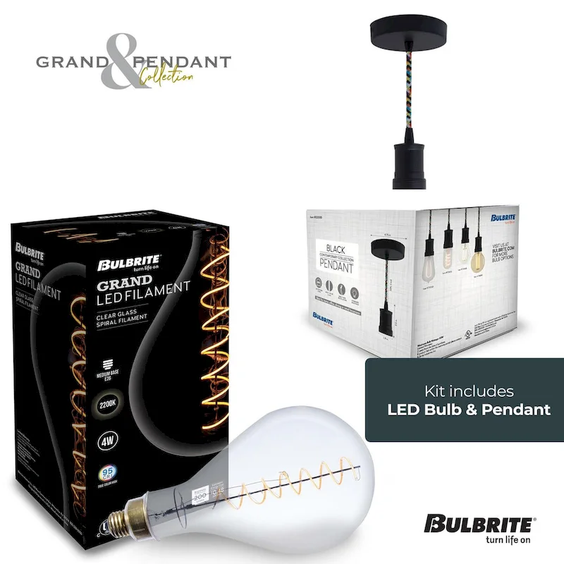 Bulbrite LED Grand Bulb and Pendant Kit of (1) 4 Watt Clear Glass 13  Pear Shaped Bulb