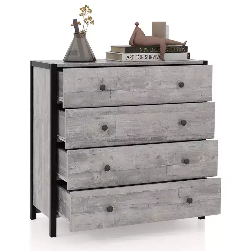 Costway 4-Drawer Dresser Modern Chest of Drawers Wooden Storage Dresser Grey/Oak