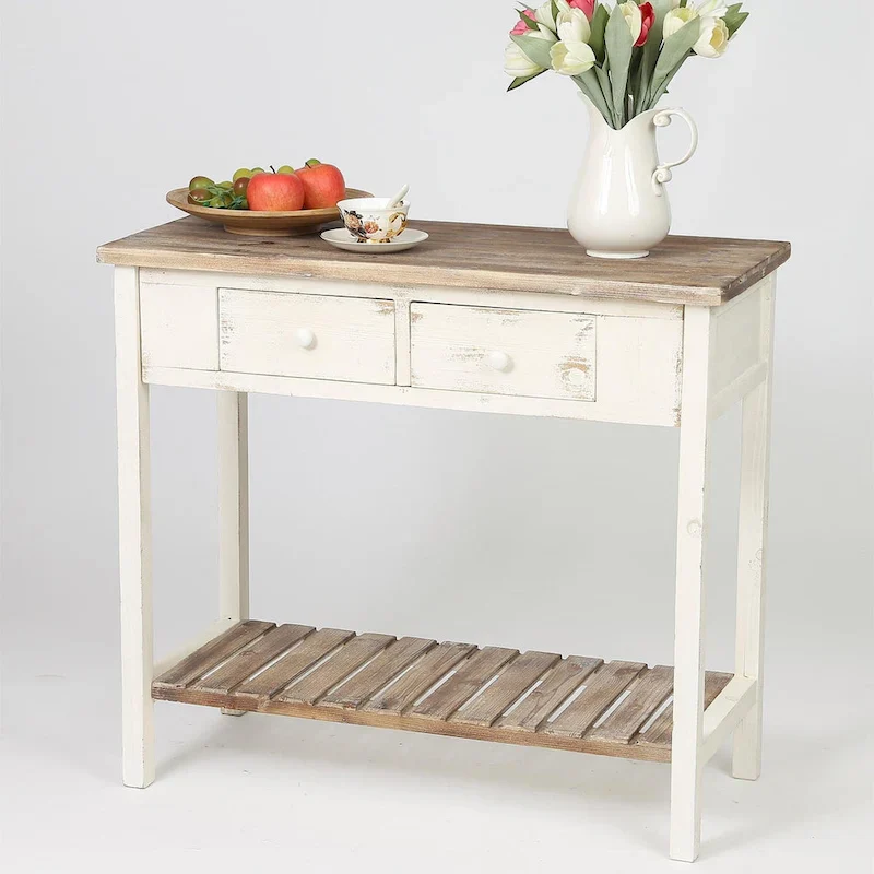 Distressed White and Brown Wood 2-drawer Console Table - 31.5H x 35.4 W x 15.55 D