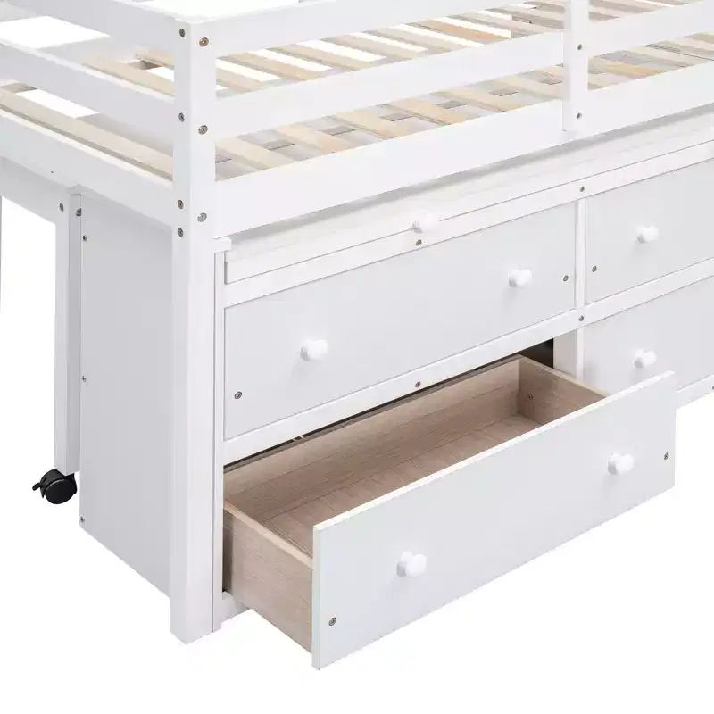 Luxystar Low Loft Bed with Desk, 4 Drawers and Bookcase