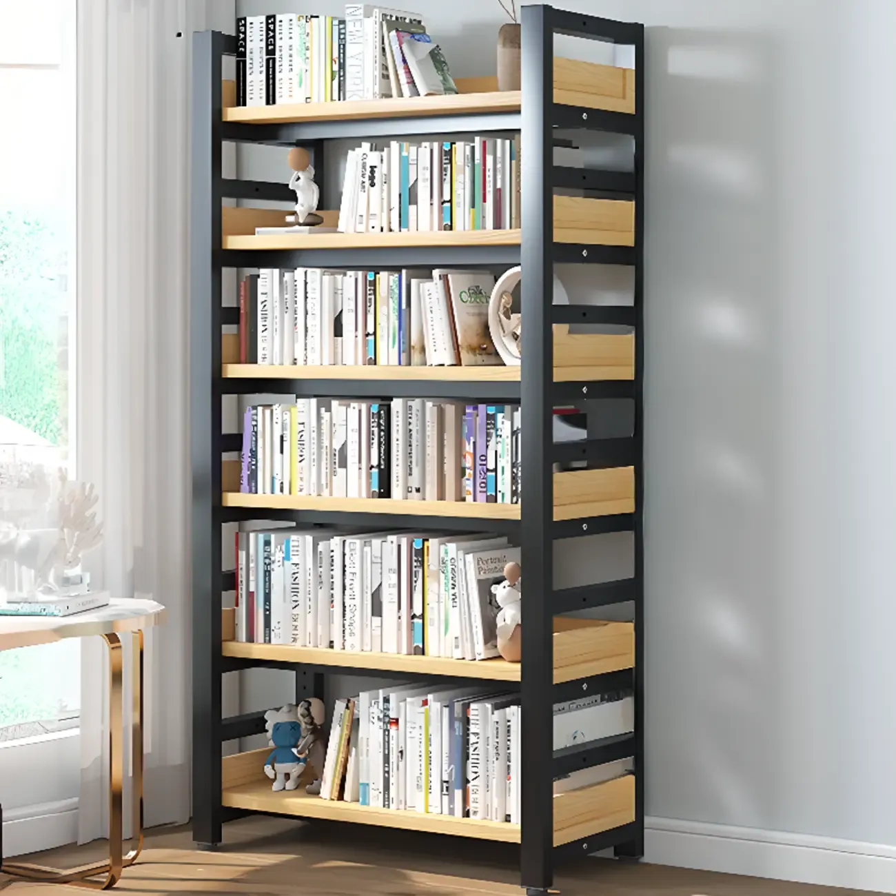 Freestanding Simple Multi-Layer Wood Bookshelf in Steel Frame