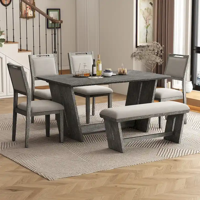 6 Pcs Dining Table Set, Wood Dining Kitchen Table and Chairs Set with Rectangular Table, 4 Upholstered Chairs and 1 Bench