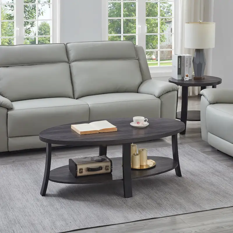 Modern style round wooden shelf coffee table - charcoal gray/white