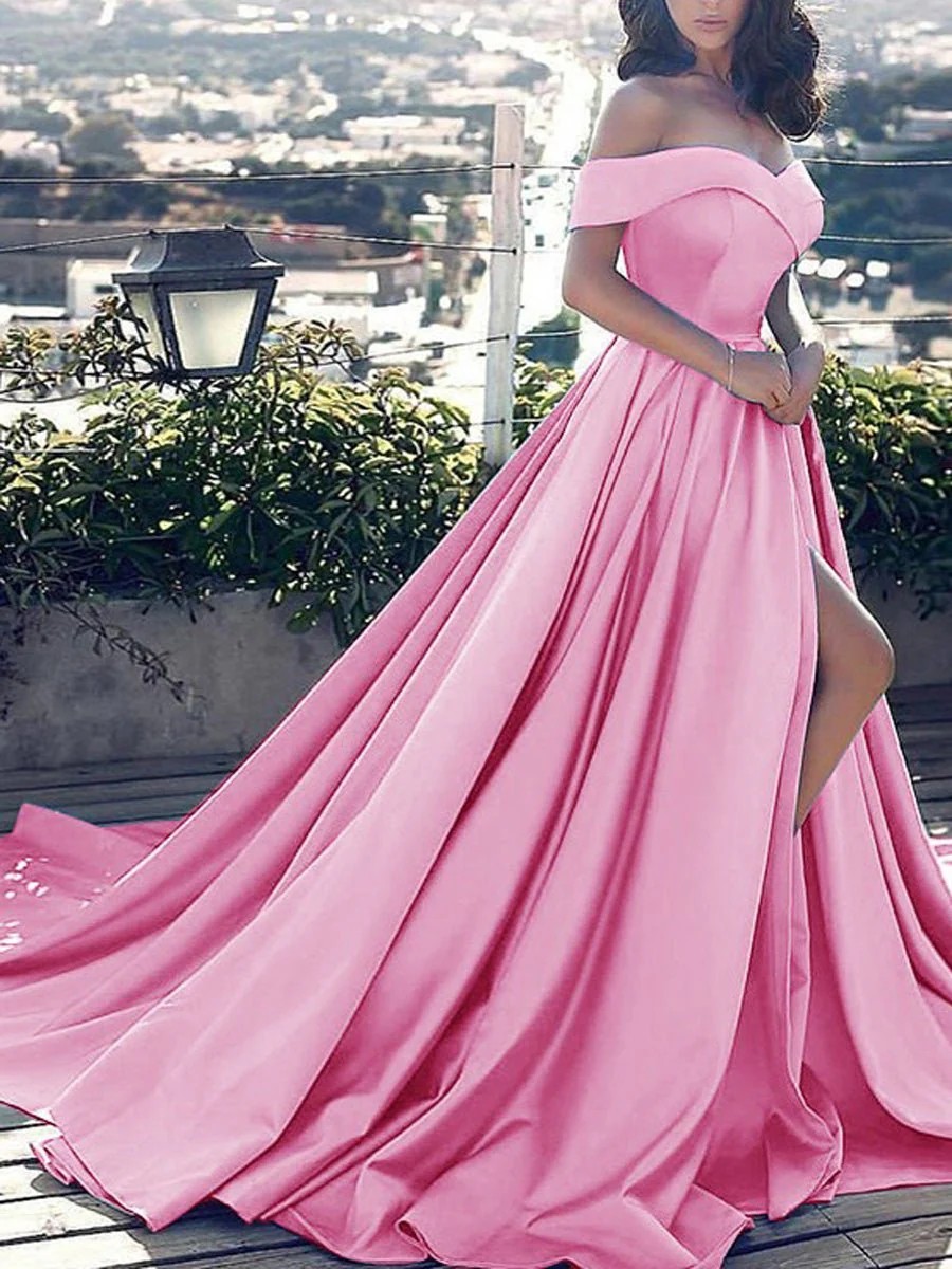 Off Shoulder Prom Dress Long Satin Formal Gowns with Slit