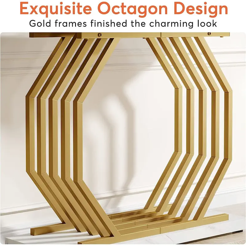 Gold Console Table, Faux Marble Entryway Table Narrow Sofa Table , 40 Inch Modern Accent Table with Geometric Metal Base