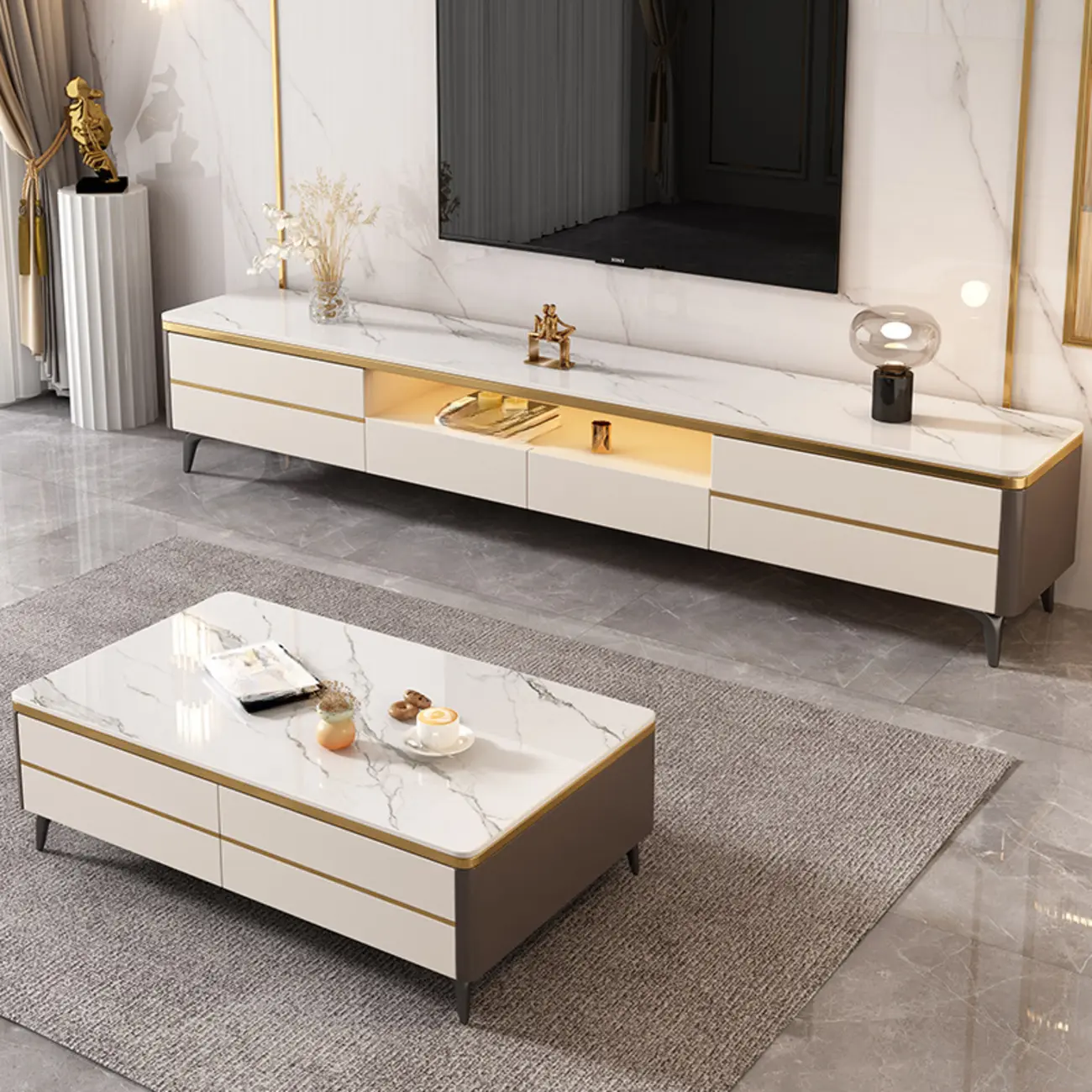Versatile White Stone TV Stand with Multi Drawers & Lighting