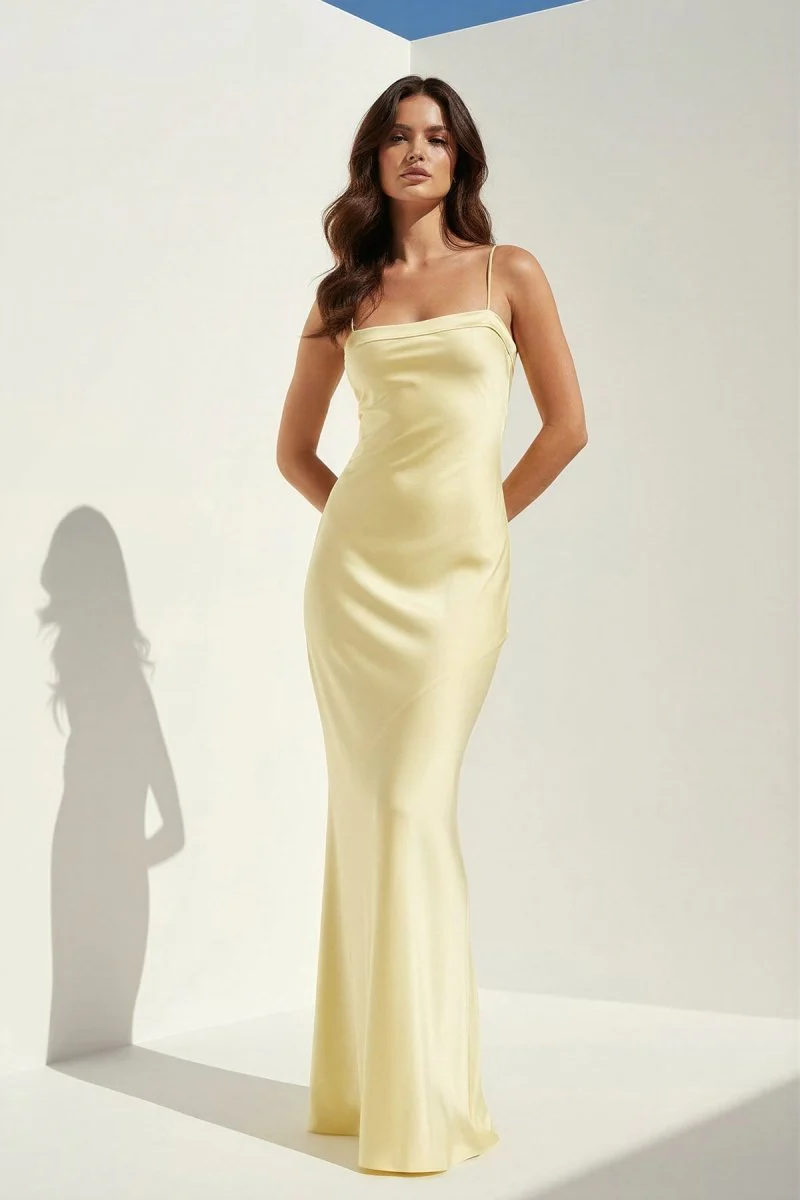 Yellow Spaghetti Straps Sheath Satin Open Back Long Prom Dresses