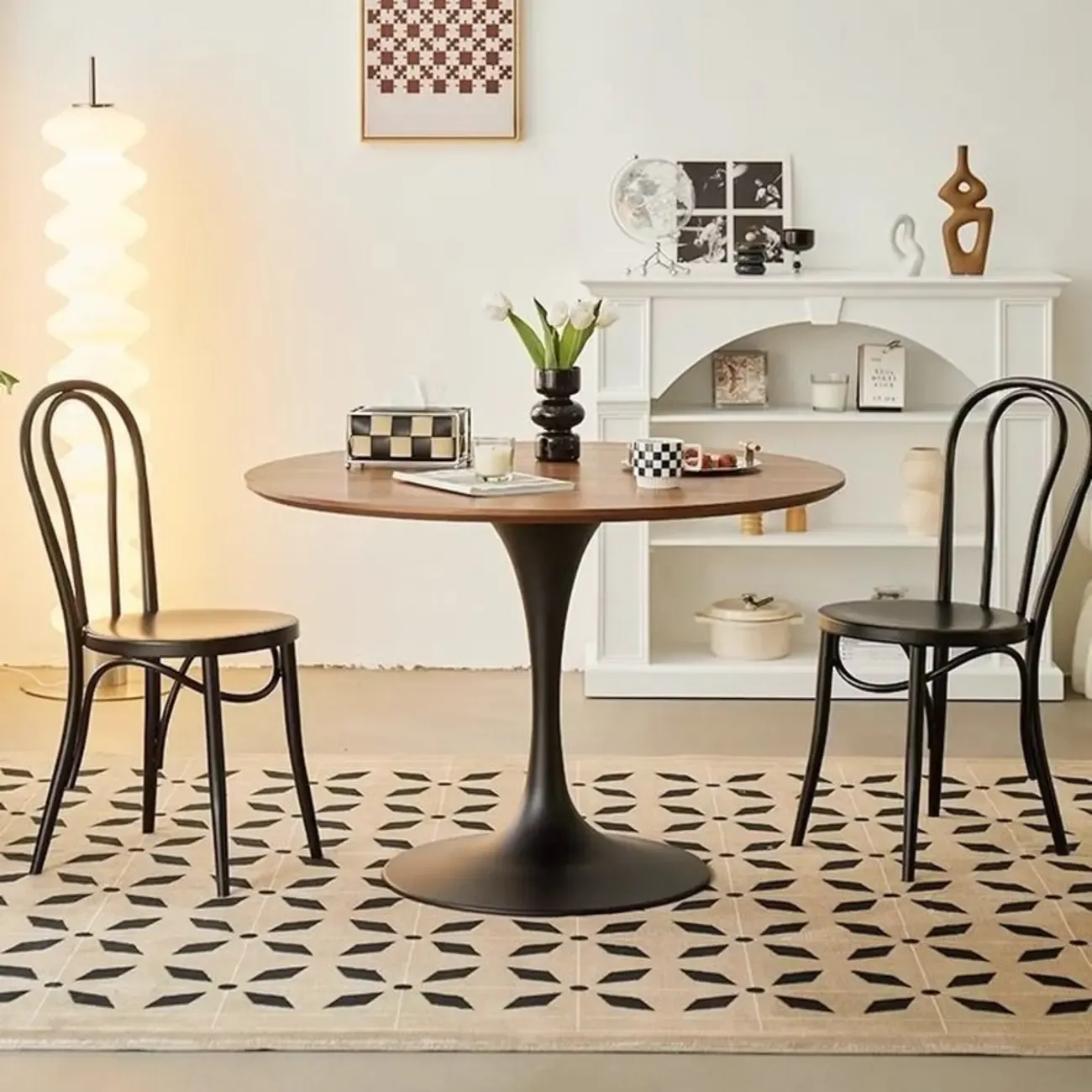 Casual Black Metal Wood Round Dining Table