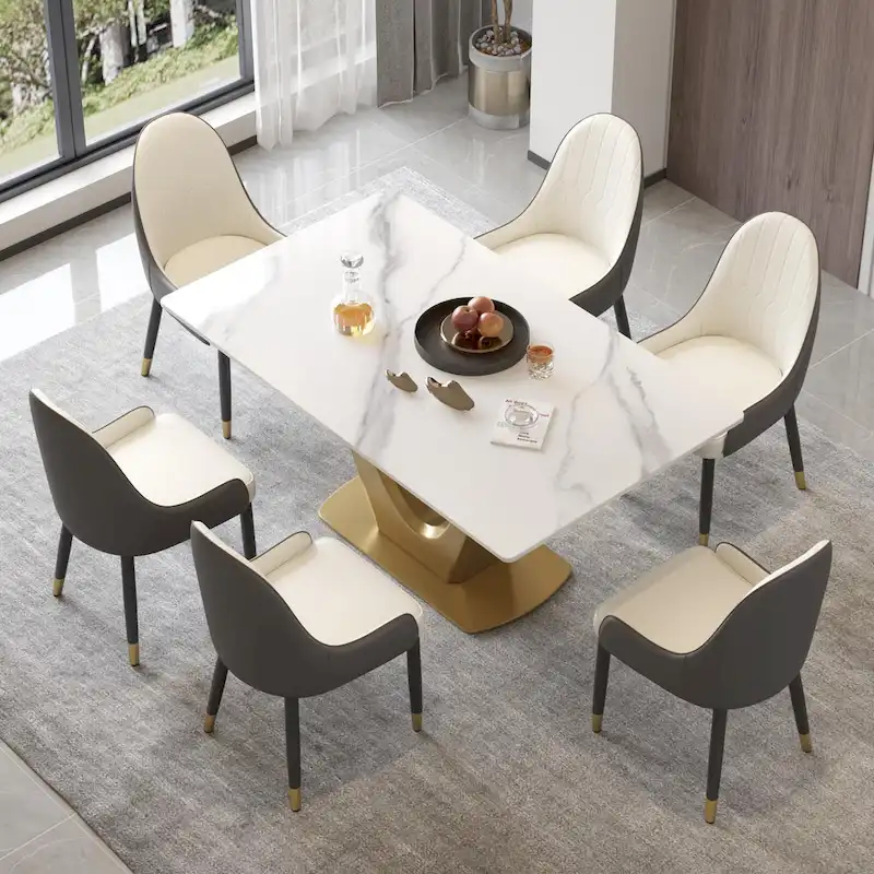 V Shape Pedestal Modern Marble Dining Table Slate Kitchen Table