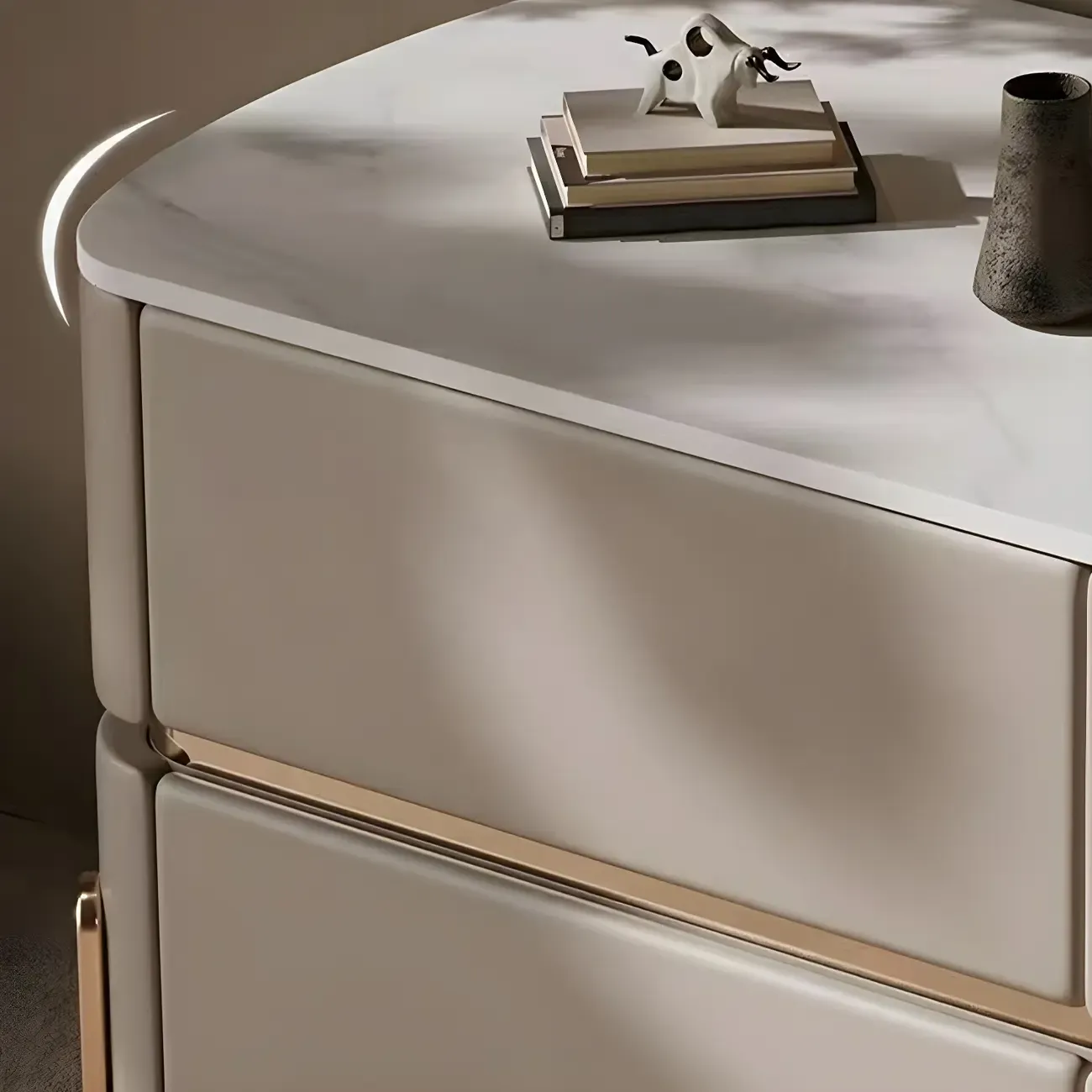 Glam Beige Leather Stone Top 2-Drawer Nightstand