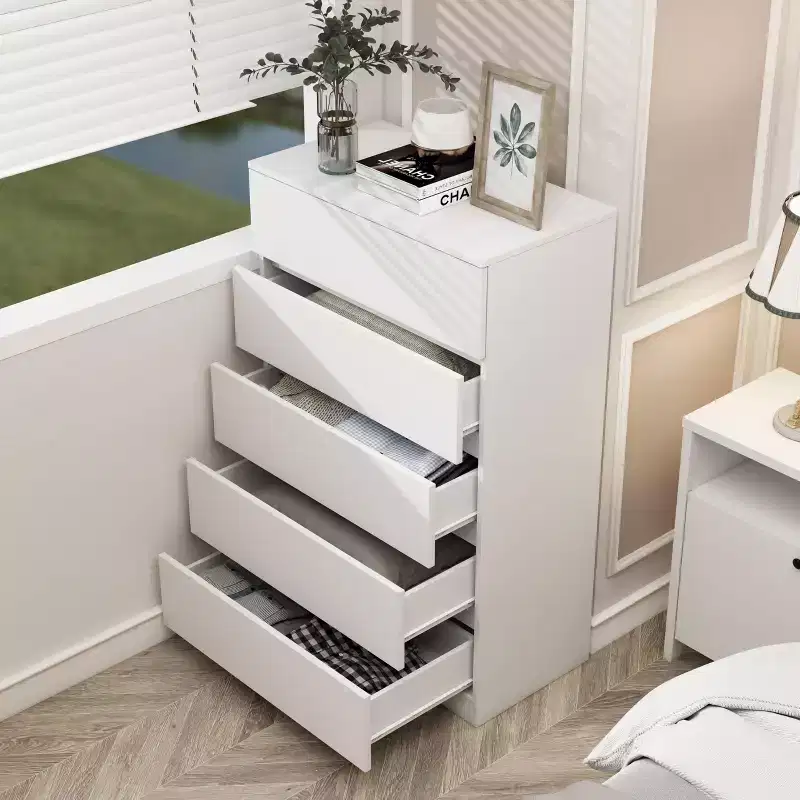 Sandinrayli 5 Drawer Dresser, White Tall Dresser for Bedroom Wooden Tall Closet Drawers, White