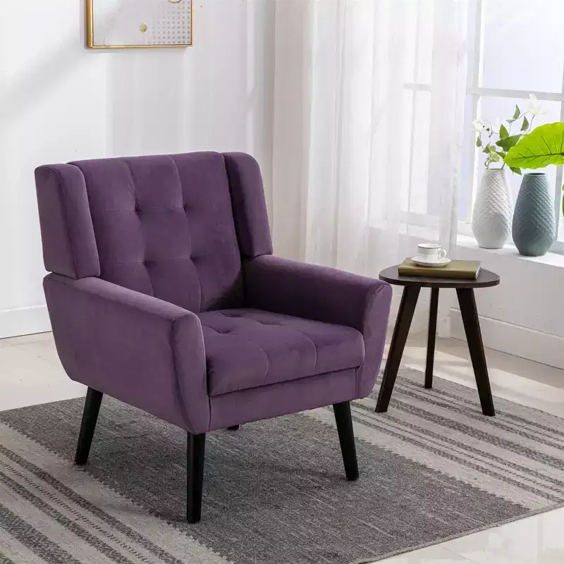 Etokfoks Velvet Upholstered Accent Chair 29.5W x 29.5D x 34.6H Padded Seat Curved Back Black Wood Legs for Living Room Bedroom
