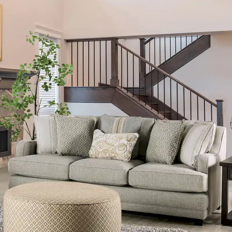 Transitional Grey Fabric Sofa with Accent Pillows
