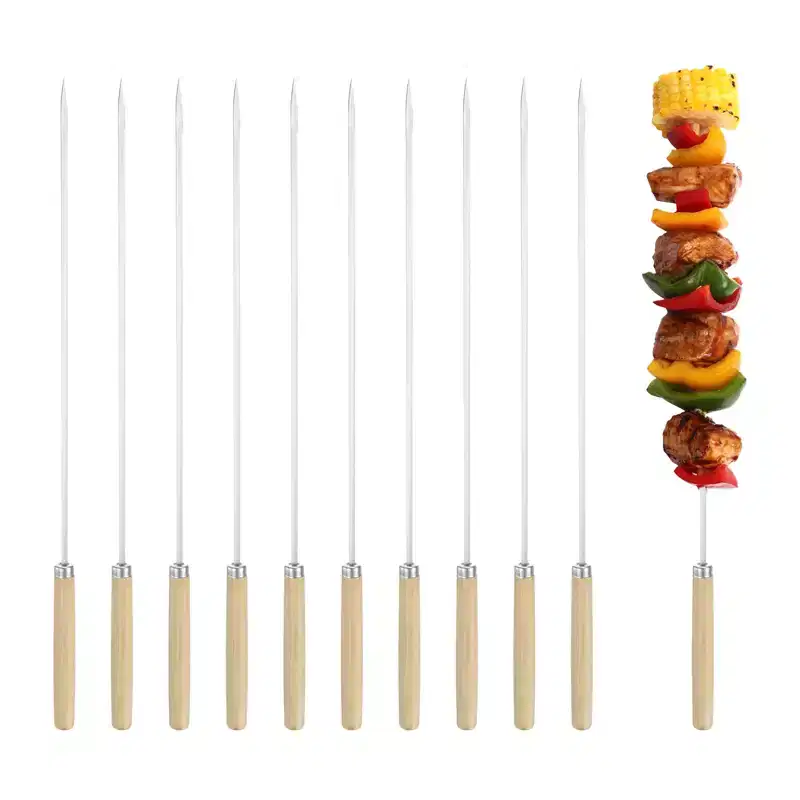 Unique Bargains Barbecue Skewers with Wood Handle Metal Flat Skewers for Grilling 50pcs 13.8x0.14