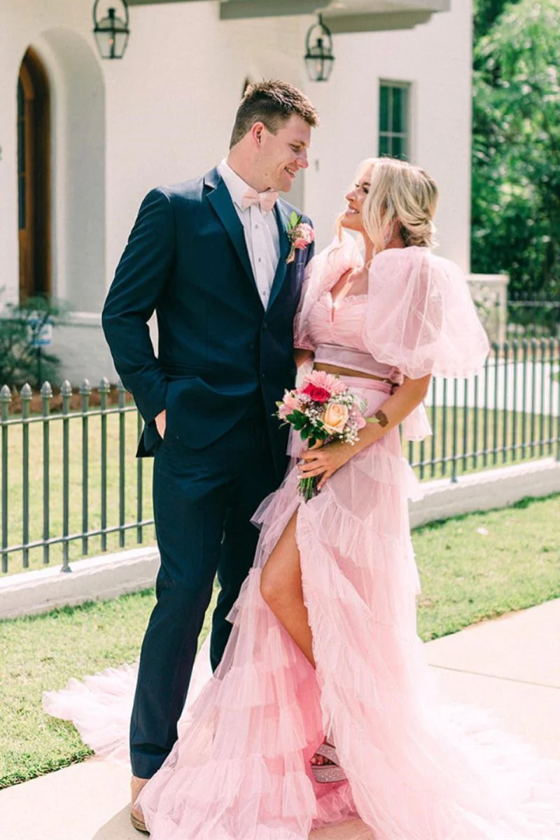 A Line Tow-Piece Tulle Prom Dress with Slit